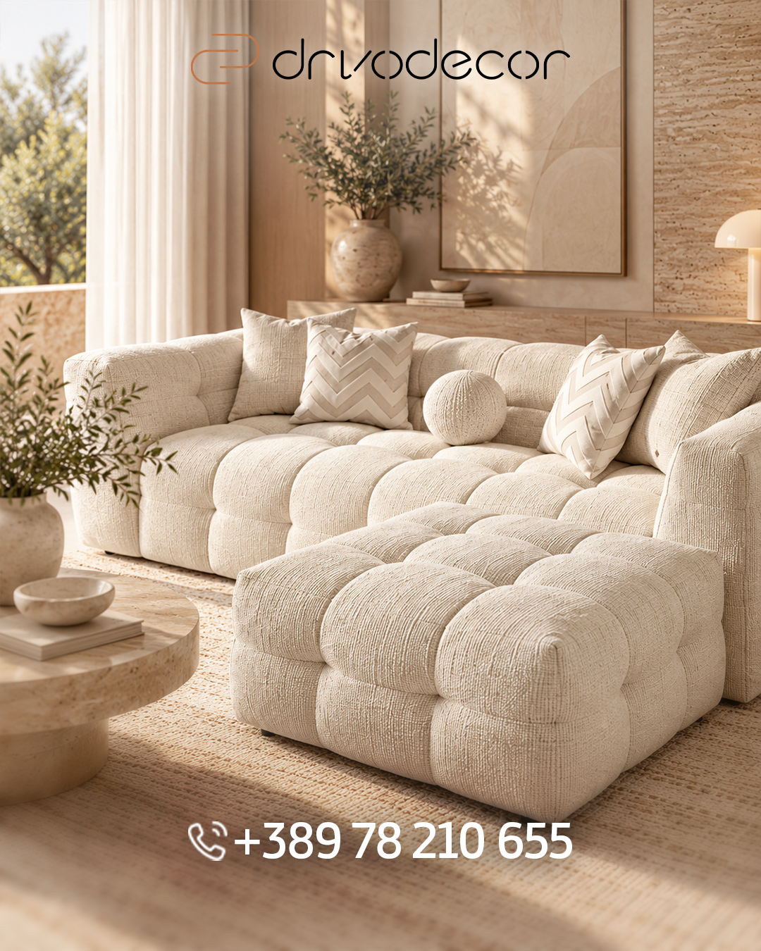 DrvoDecor cream sectional sofa and round wooden coffee table in warm natural light.