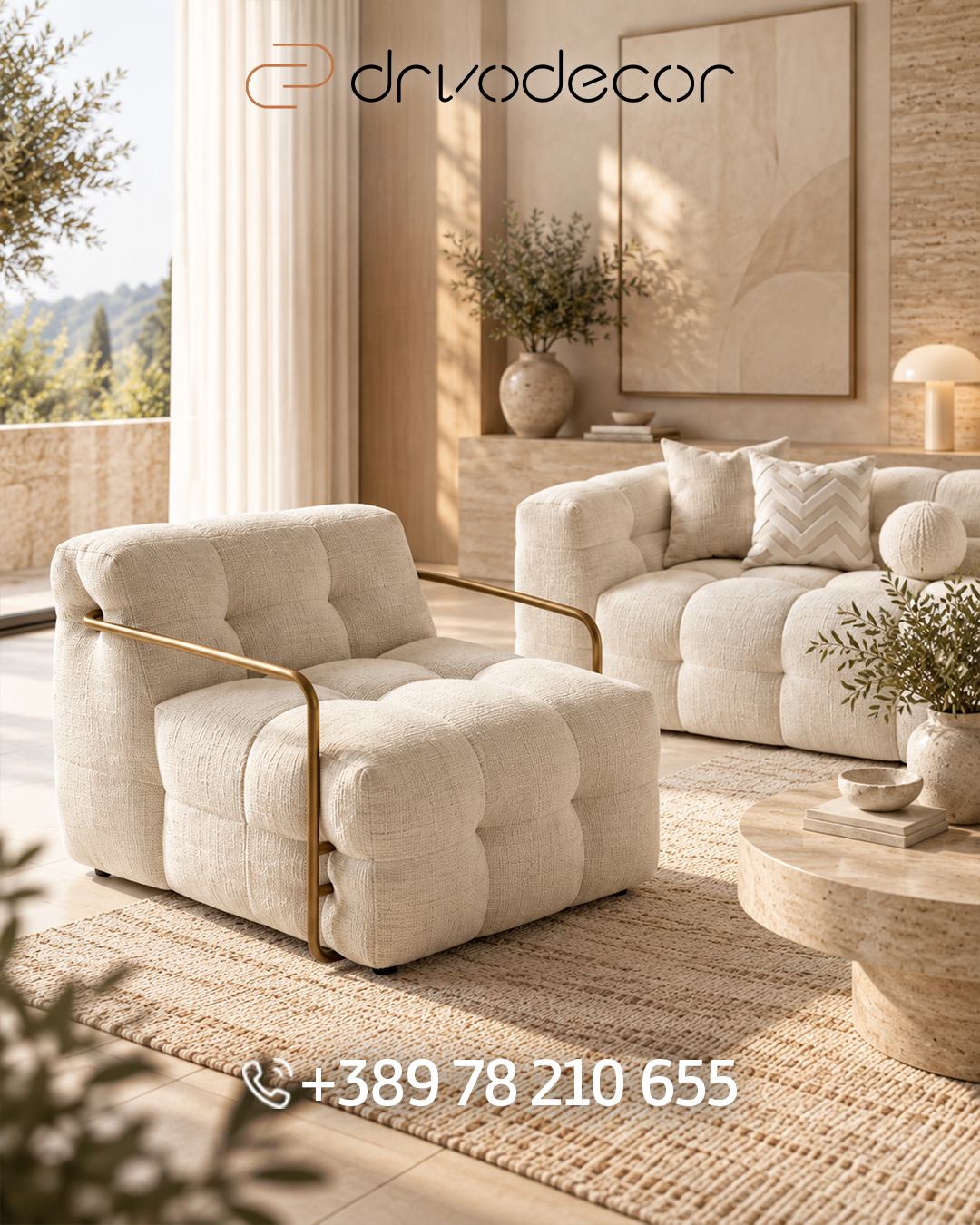 DrvoDecor cream armchair and textured sofa against a warm wood interior.
