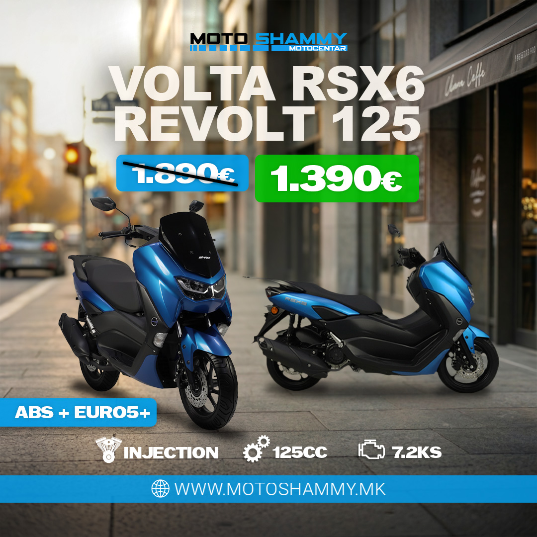 Two blue Volta scooters in an urban scene with a green promotional price and blue specification strip.