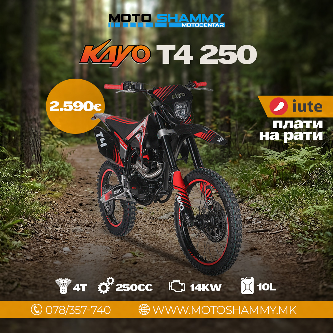 Moto Shammy Kayo T4 250 motorcycle in a forest setting with product specifications, price and orange details.