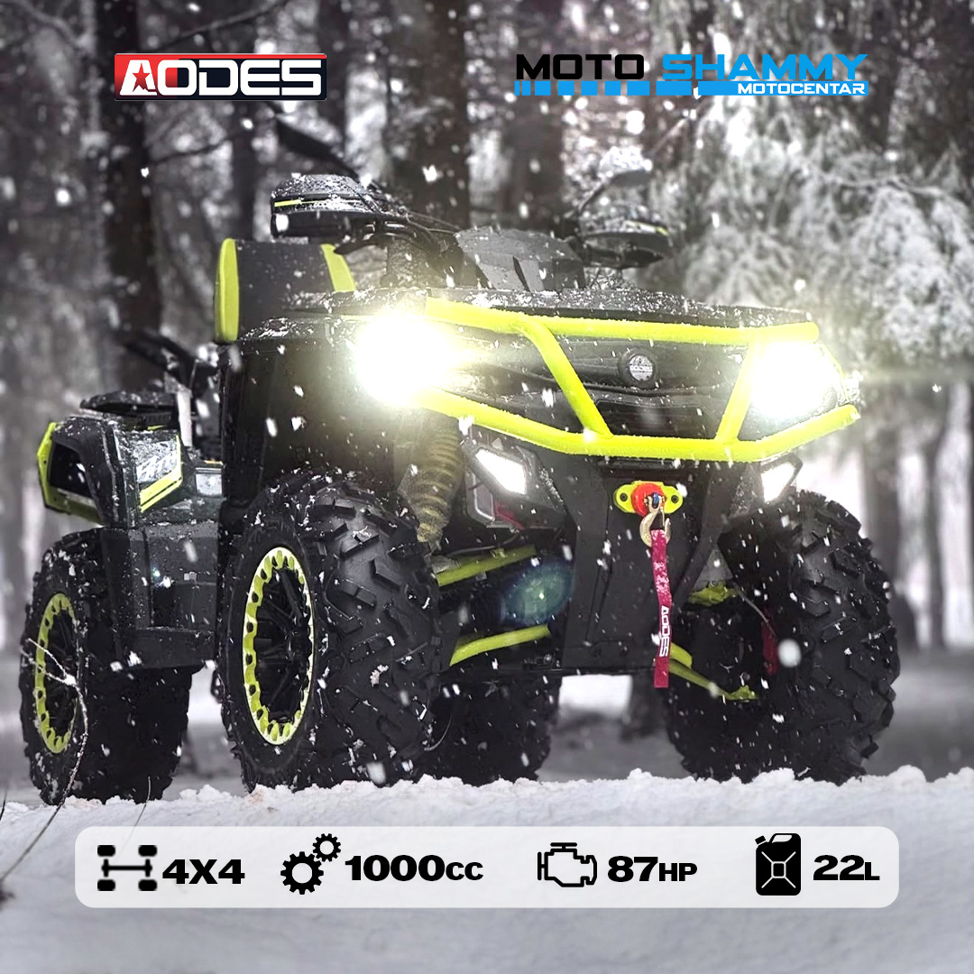 Black and lime Aodes quad bike driving through snow with Moto Shammy branding and specifications.