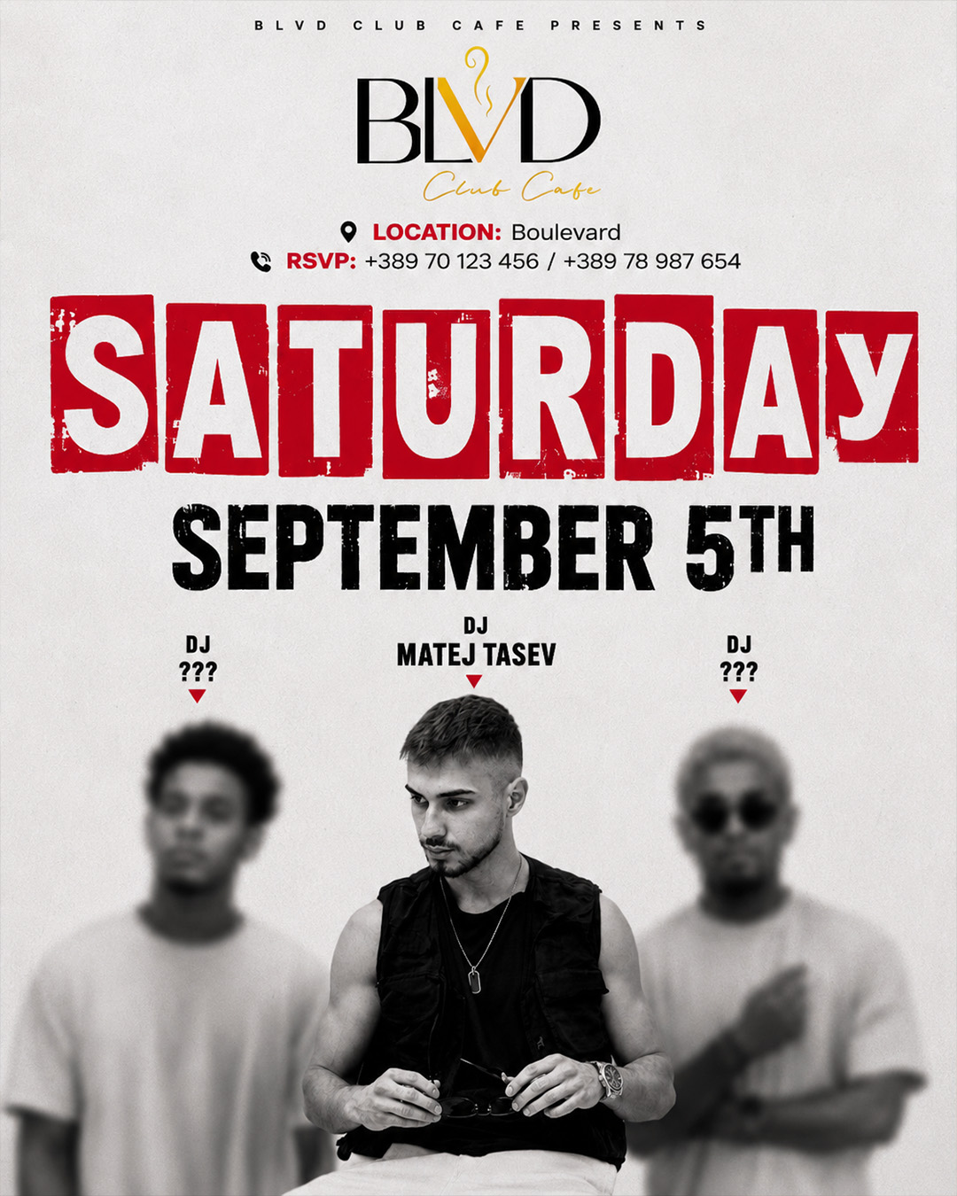 Black, white and red DJ event poster with repeated portraits and large Saturday lettering.