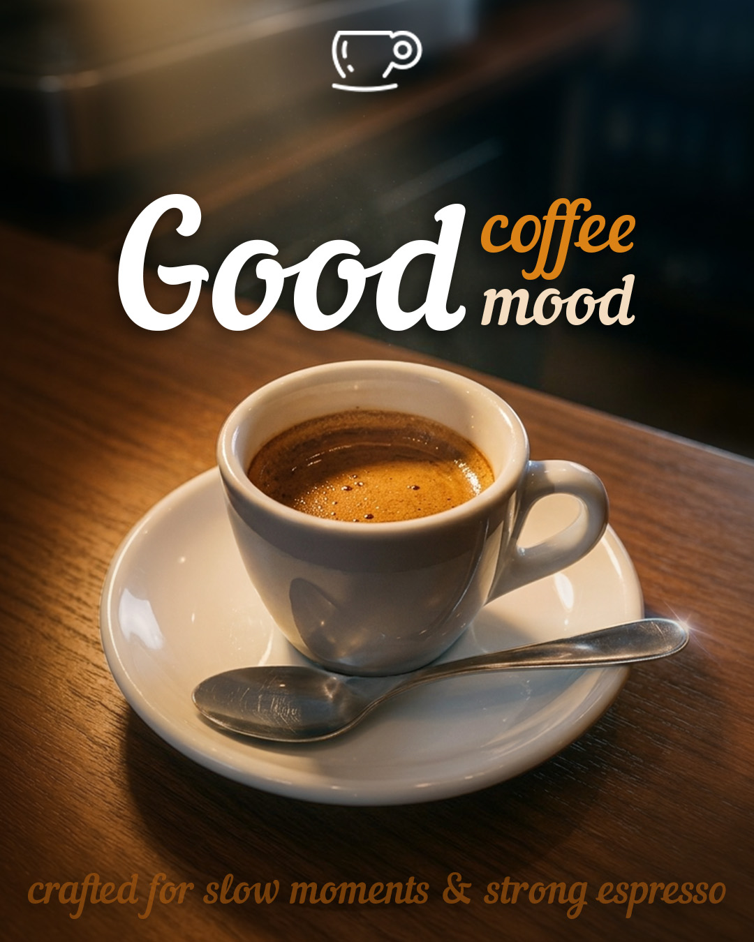 Warm coffee concept showing an espresso cup and white and gold lettering.