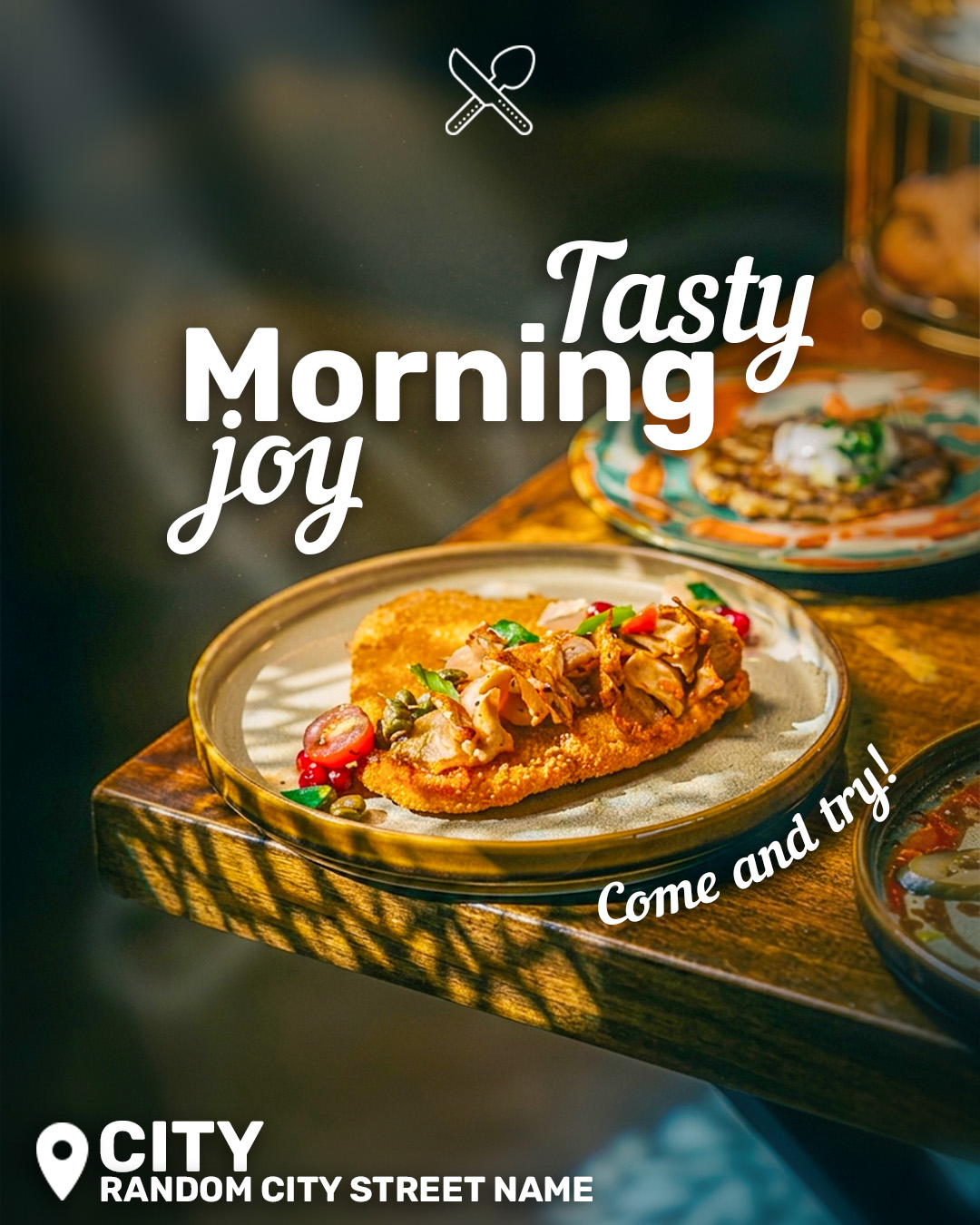 Breakfast concept featuring an omelette, sunlit table and playful white typography.