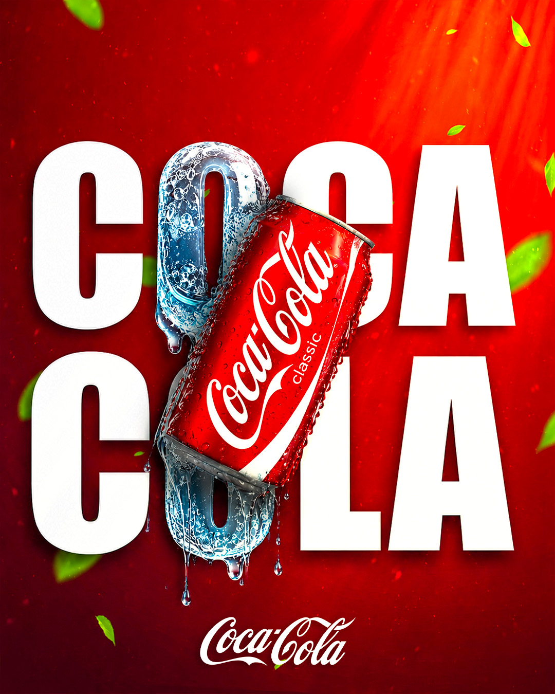 Personal Coca-Cola concept with a red can, ice and oversized white typography against a red background.