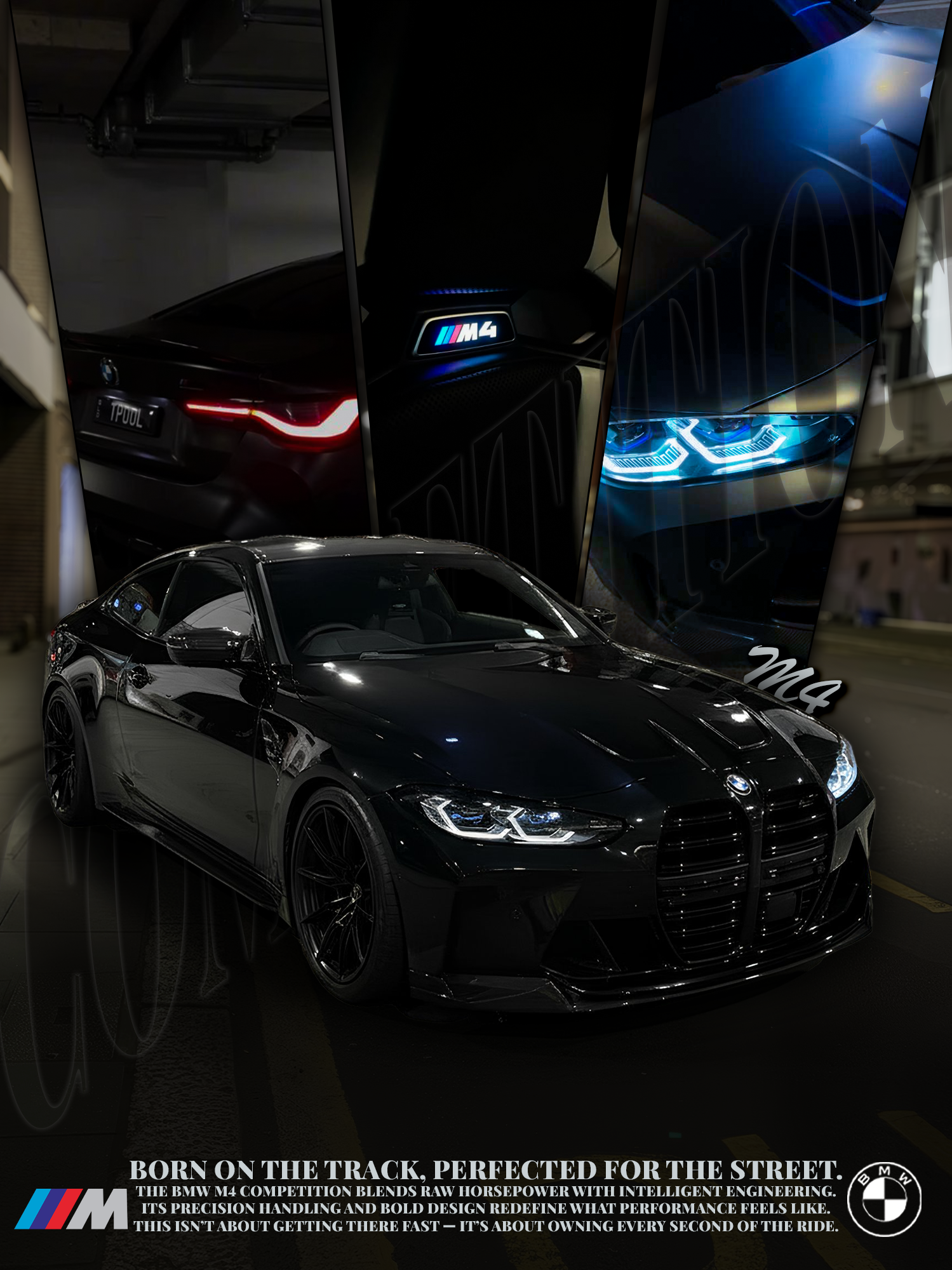Personal BMW M4 concept poster with a black car, blue headlights and a layered nighttime composition.
