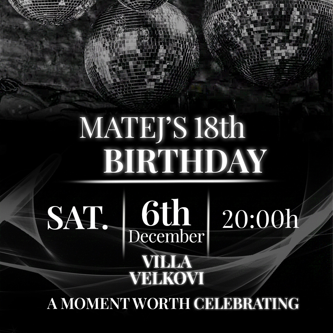 Black and white birthday invitation with disco balls, draped fabric and classic serif typography.