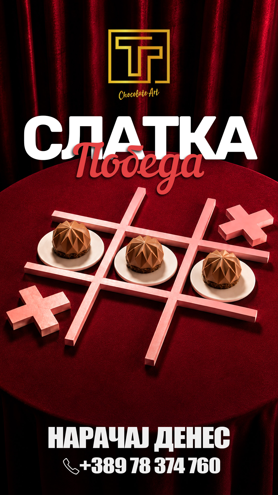 Chocolate desserts arranged on a pink tic-tac-toe board over deep red fabric.